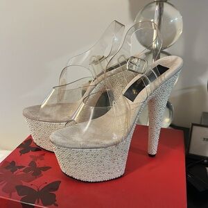 Pleaser Bling Pearl Clear and Silver Platform Heels